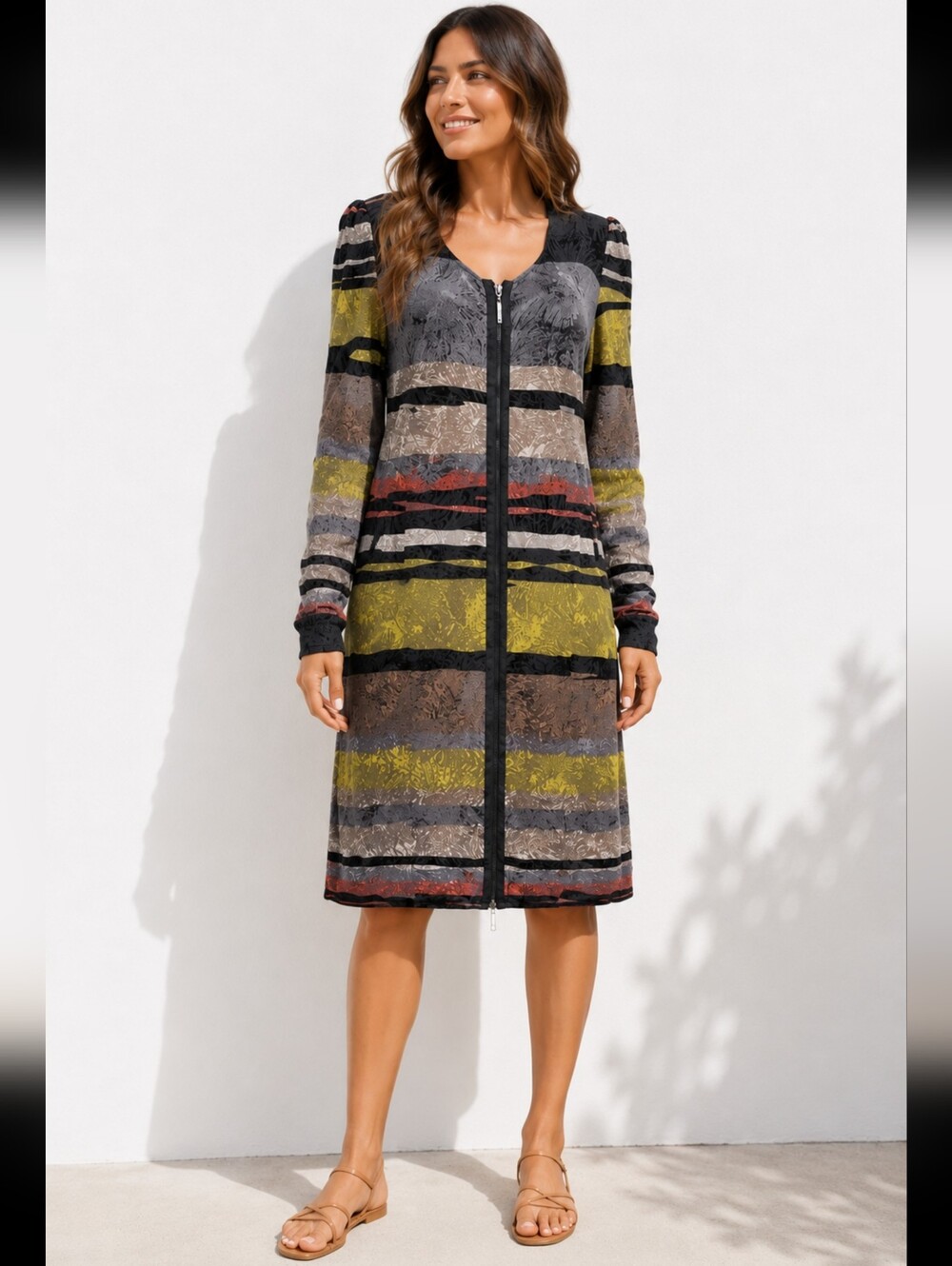 SAO PAULO WOMEN TUNIC/DRESS 42/ 10 Burnt Out Velvet Colorblock Front Zipper #C